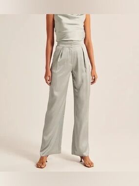 Abercrombie & Fitch Women Wide Leg High Waist Sage Green Satin Pants